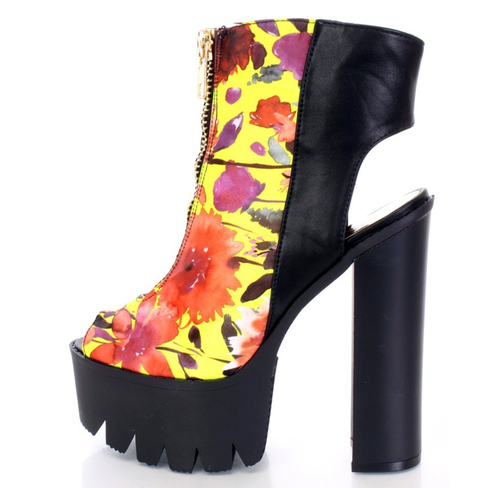 CAPE ROBBIN YELLOW FLORAL PRINTED CHUNKY HEEL BOOT
